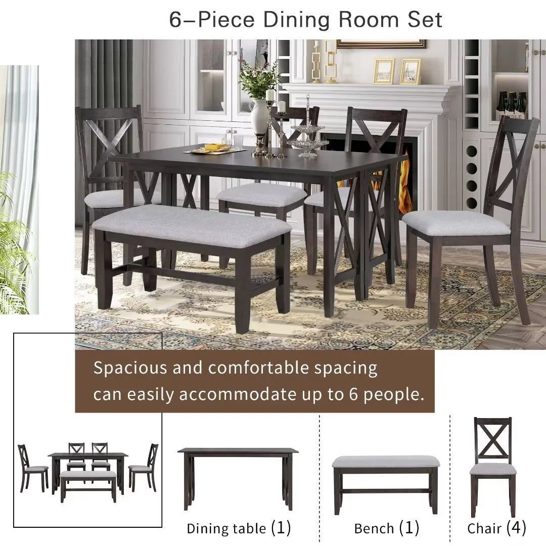 6-Piece Family Dining Table Set with Foldable Table, Wood Dining Table Set with Upholstered Bench and 4 Upholstered Chair, Kitchen Table and Chairs for 6, Living Room Furniture, Expresso
