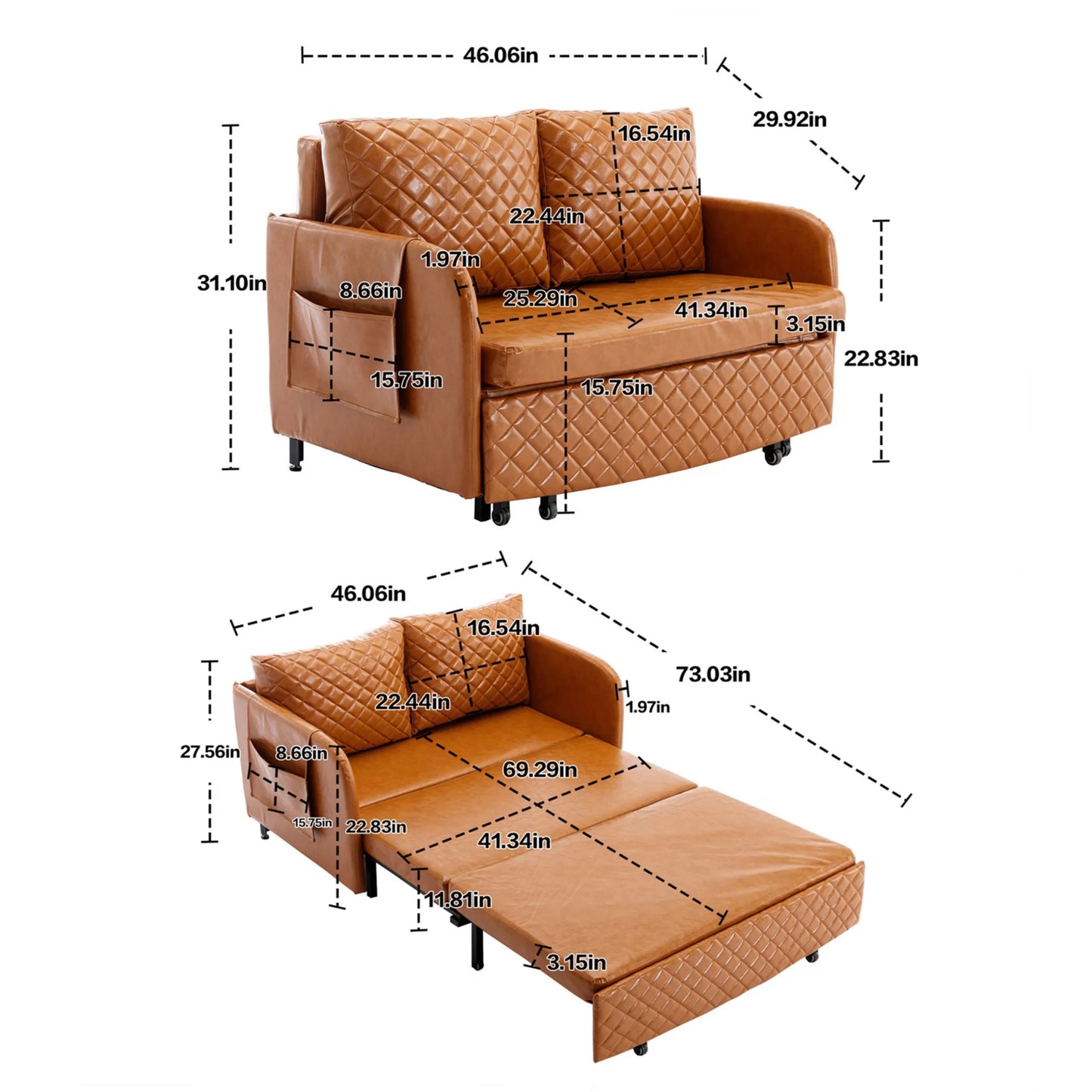 Aukfa Pull Out Sofa Bed, Convertible Sleeper Sofa Futon Sofa Bed for Home Office, Leather, Brown