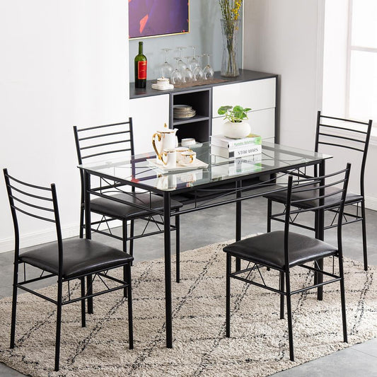 Zimtown 5 Pieces Dining Set Table with 4 Chairs Glass Diner Table with Metal Frame Kitchen Dining Room Furniture Black