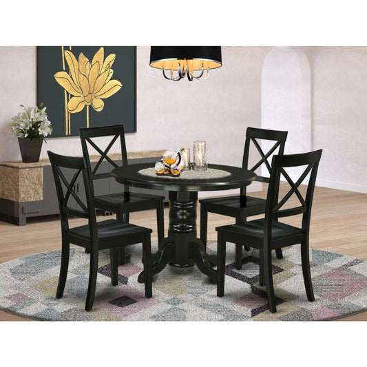 East West Furniture SHBO5-BLK-W 5Pc Round 42" Dining Room Table And 4 Wood Seat Kitchen Chairs