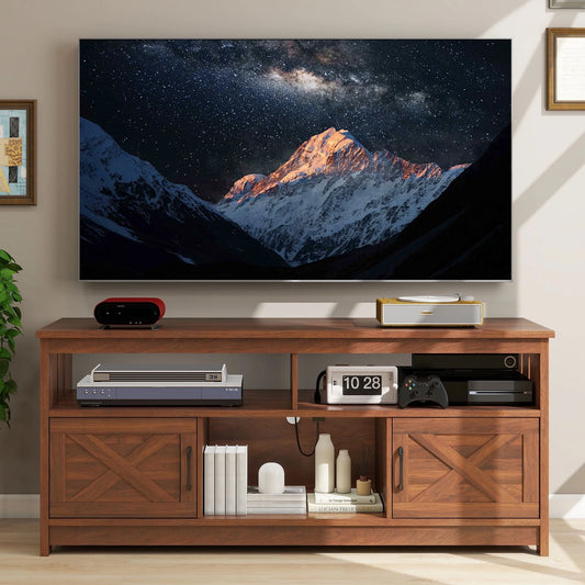 Dextrus Farmhouse TV Stand up to 65 inch with Power Outlet, Media Console with Storage, Walnut