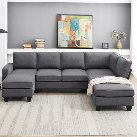 Euroco Modern L-Shaped Sofa 7-Seat Sectional Couch Set with Chaise Lounge and Ottoman for Living Room, Apartment, Office, Khaki, 104" x 78"