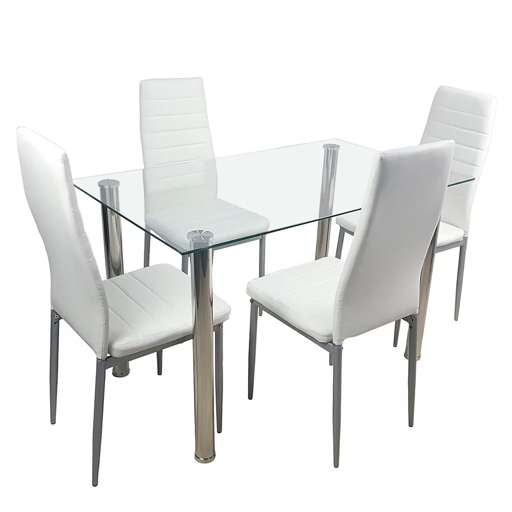 5 Pieces Dining Table with Chairs Set, Rectangular Tempered Glass Table and 4 White PU Chairs,Upholstered High-Back Chairs for Kitchen Dining Room Furniture