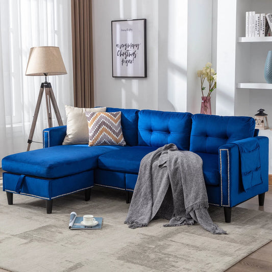 COSVALVE 78" Blue Sectional Couch Velvet Combination L Shaped Sofa with Removal Ottoman, USB, Pocket Storage