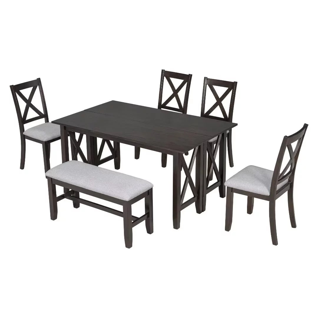 6-Piece Family Dining Table Set with Foldable Table, Wood Dining Table Set with Upholstered Bench and 4 Upholstered Chair, Kitchen Table and Chairs for 6, Living Room Furniture, Expresso